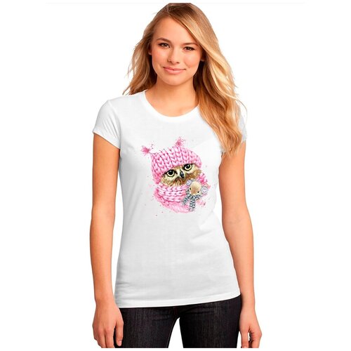 фото "женская белая футболка сова, мышонок, розовый шарф". размер xl drabs