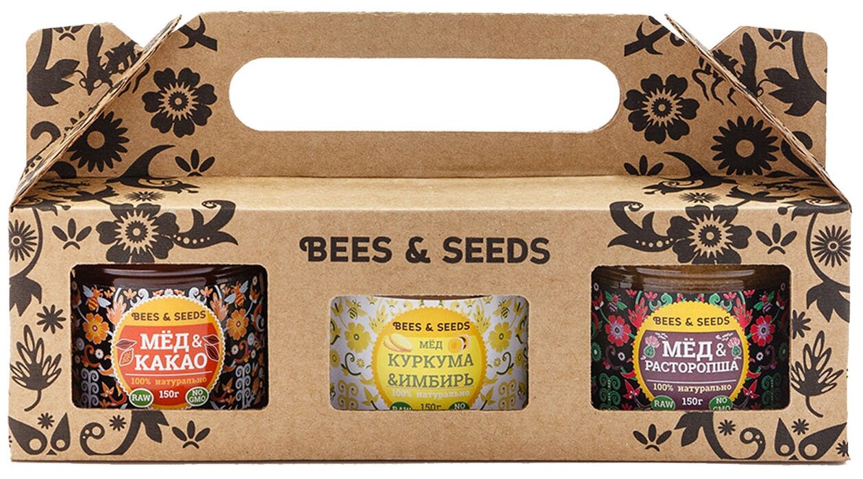 Подарочный набор медовых урбечей Bees & Seeds "Пчелы и семена" 3 х 150 г (куркума, расторопша, какао) - фотография № 2