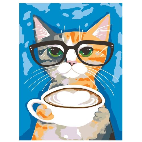 Картина по номерам, Живопись по номерам, 45 x 60, A197, рыжий, кот, кофе, чашка, очки, животное