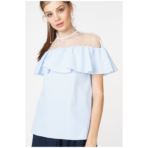 Блузка из хлопка с оборкой и кружевом T-Skirt SS17-04-0449-FS Голубой 42