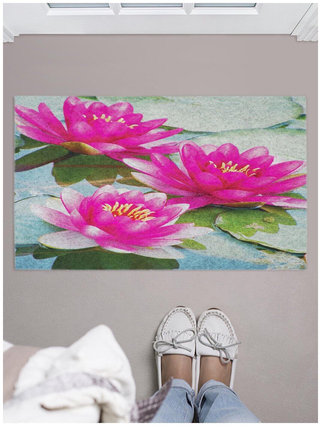 Придверный коврик в прихожую JoyArty "Река с цветами" для обуви, на резиновой основе, 75x45 см - фотография № 1