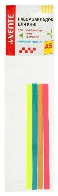Закладки-ляссе с клеевым краем, deVENTE. Neon, 6 x 290 мм для книг A5, 4 тонкие двусторонние ленты, в пакете
