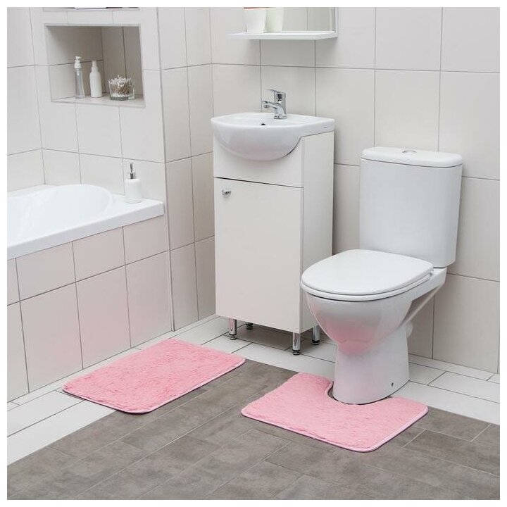 Набор ковриков для ванной и туалета Доляна «Пушистик», 2 шт: 38×40, 40×60 см, цвет розовый - фотография № 7