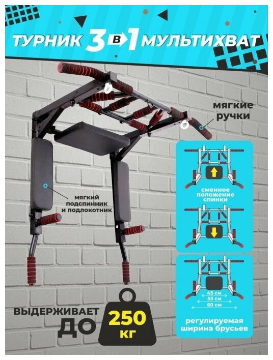 Турник 3в1 Мультихват Профи, черный.