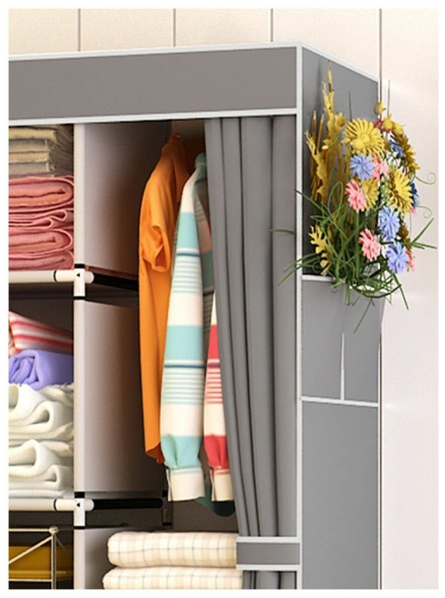 Складной каркасный тканевый шкаф / Тканевый шкаф для хранения одежды, серебристо-серый - фотография № 3