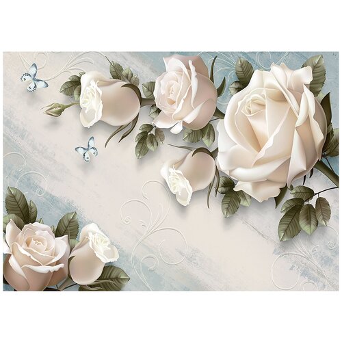 Белые розы на светлом - Виниловые фотообои, (211х150 см) белые тюльпаны виниловые фотообои 211х150 см