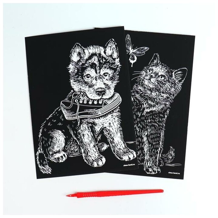Набор гравюр А5 «Котёнок и щенок» 2 шт, с металлическим эффектом «серебро»
