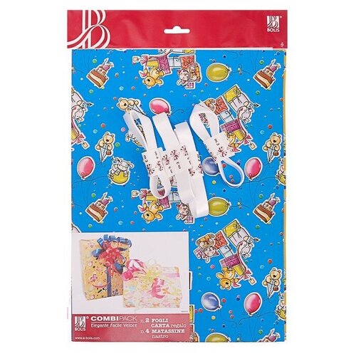 фото Набор для упаковки,"детский праздник", крафт, жёлтый, 0,7 х 1 м х 2, лента 15 мм х 3 м х 4 392092 . bolis