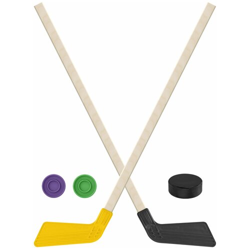 Детский хоккейный набор для игр на улице, свежем воздухе Клюшка хоккейная детская 2 шт. жёлтая и чёрная 80 см. + 2 шайбы + Шайба хоккейная взрослая 75 мм.