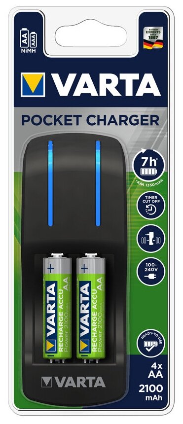 Зарядное устройство VARTA Pocket Charger + 4 аккумуляторные батарейки АА 2100 мАч