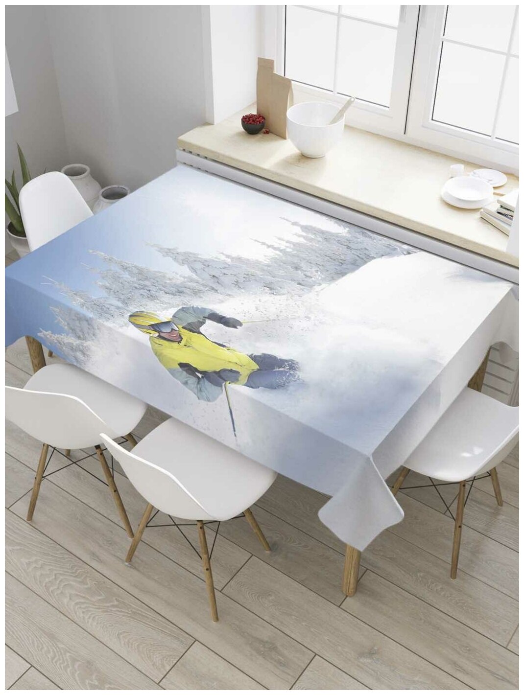Скатерть прямоугольная JoyArty на кухонный стол "Скользящий в снегу лыжник" из оксфорда, 180x145 см