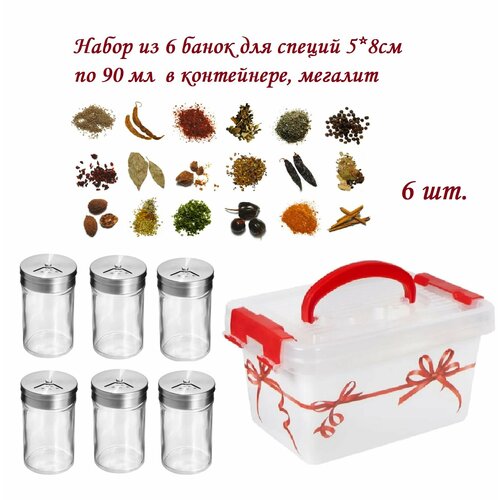 Набор из 6 банок для специй 5*8см в контейнере, по 90 мл, мегалит