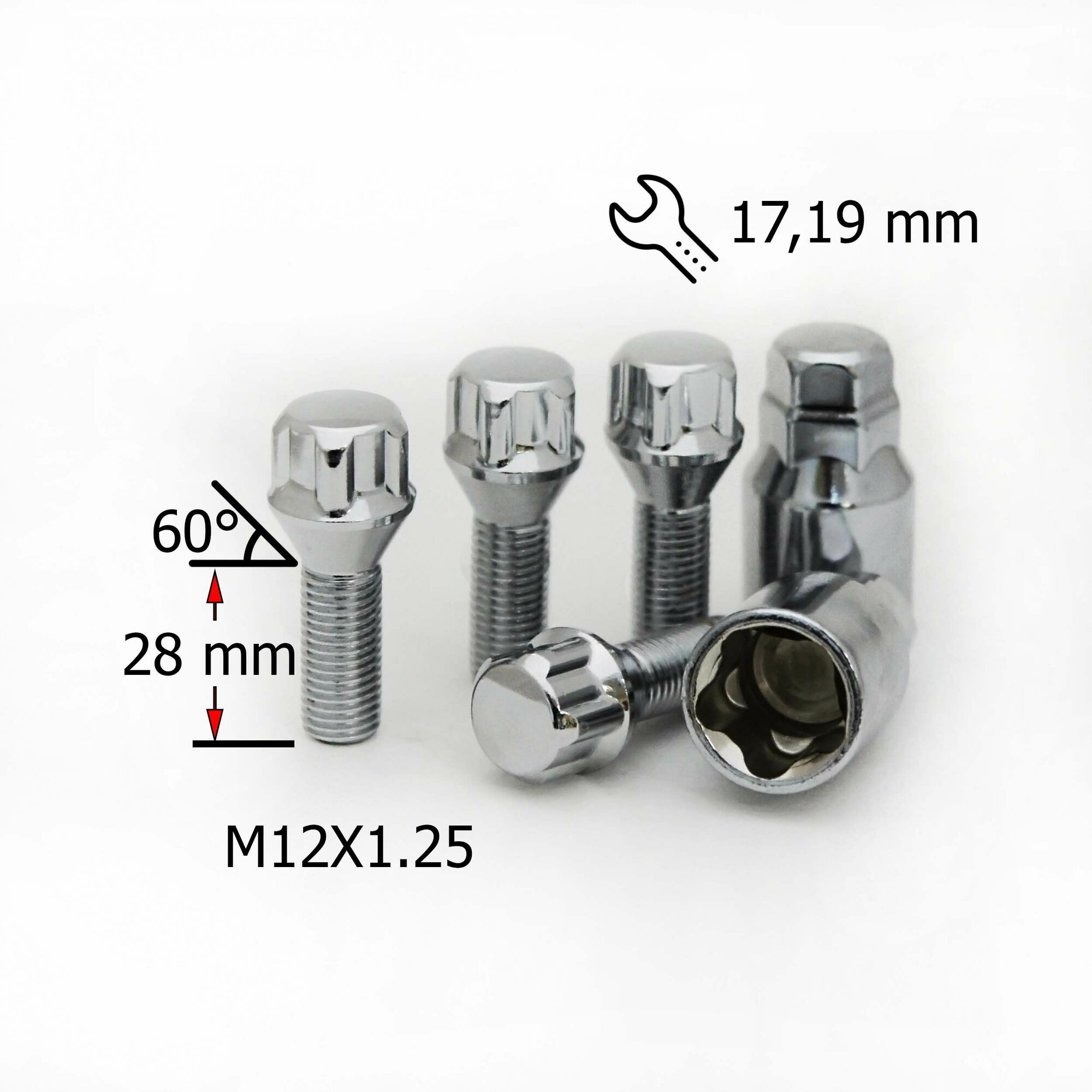 Комплект секретных болтов M12x1,25x28 Конус, 8 лучей, 2 ключа