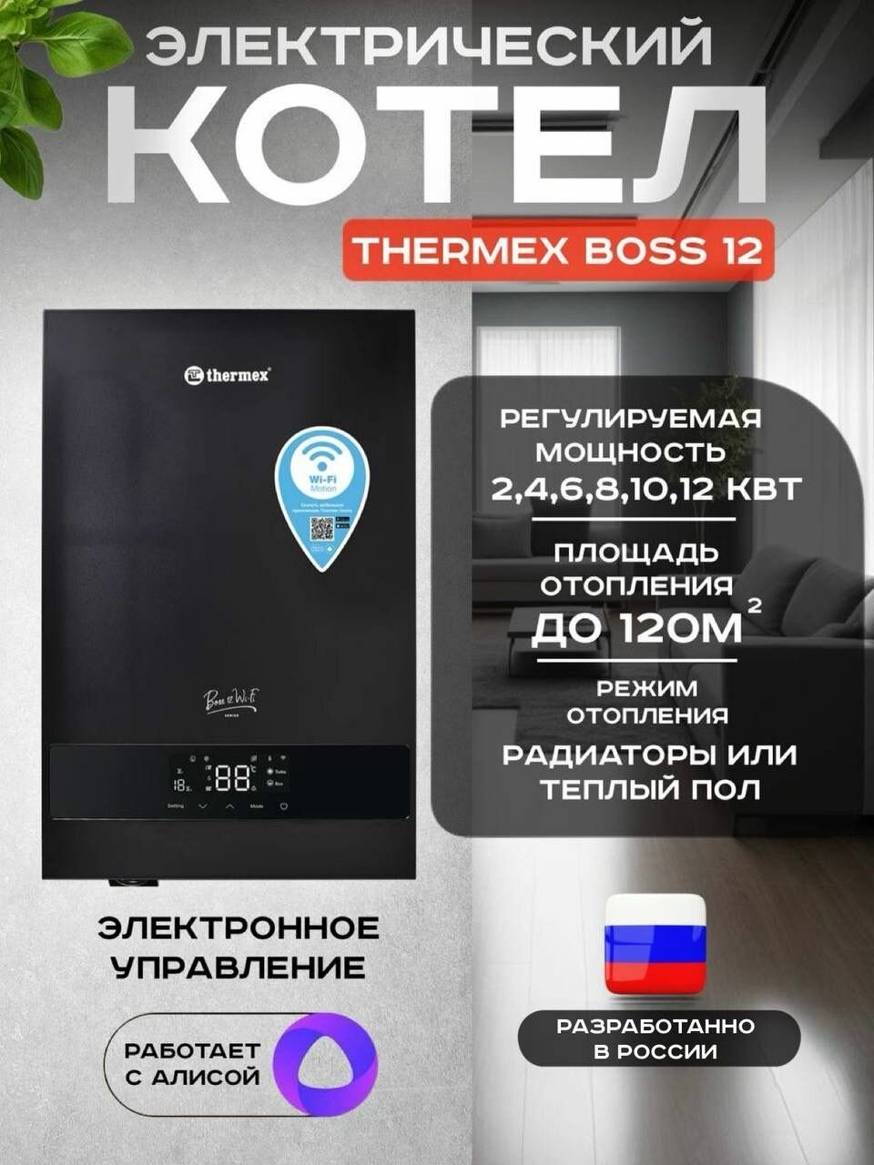 Котел электрический THERMEX Boss 12 Wi-Fi (Черный), дистанционное управление через Wi-FI, 6 вариантов мощности