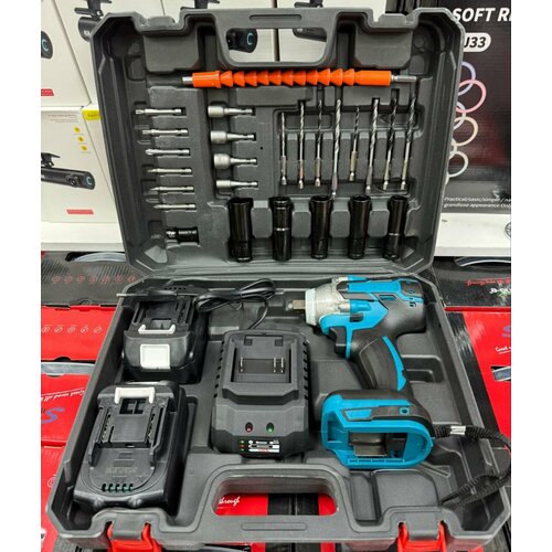 Гайковерт ударный аккумуляторный винтоверт с набором насадок в кейсе 2 АКБ перчатки черный 6189₽