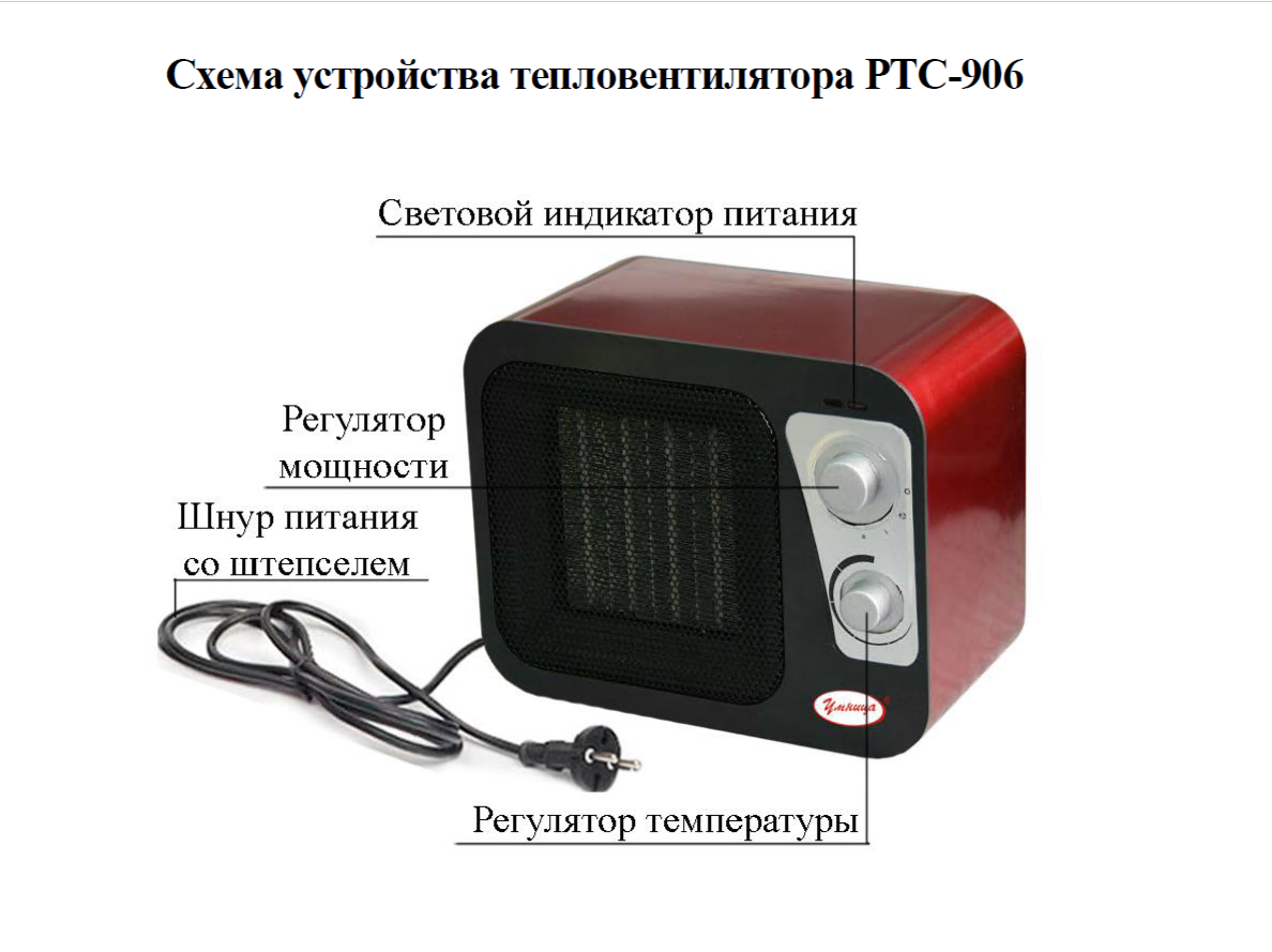 Тепловентилятор Умница РТС906, керамический нагревательный элемент, 900-1800Вт