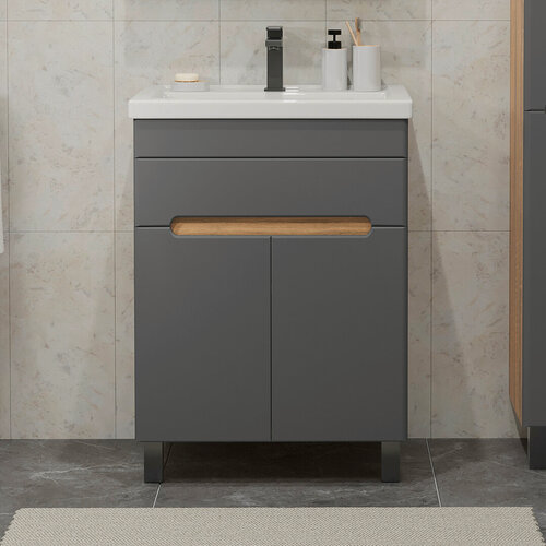 Изображение товара Тумба напольная SanStar Модена 60 с раковиной Фостер 60 (комплект) для ванной комнаты, графит софт