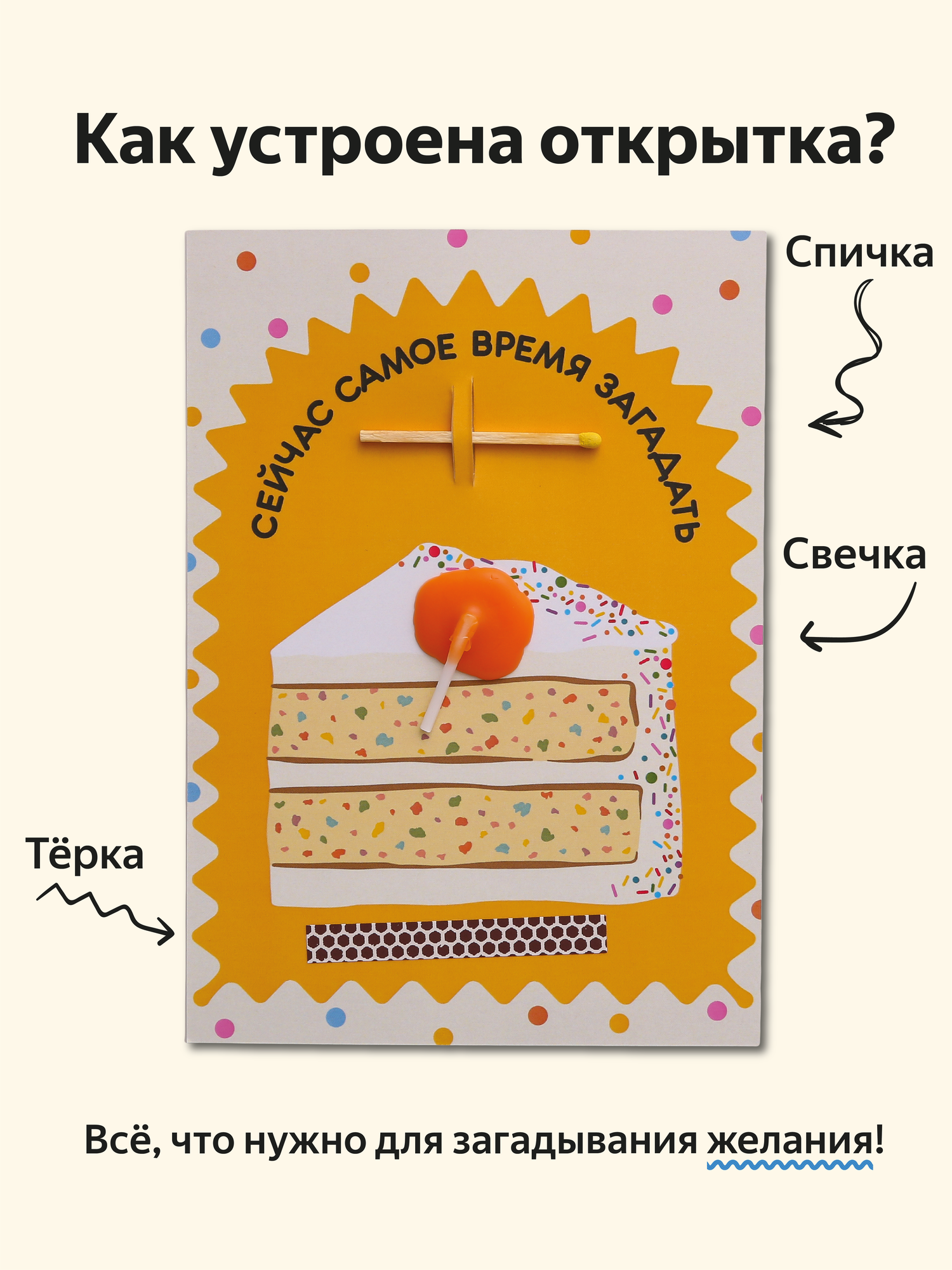 Открытка свечка "Сейчас самое время", 14,8х10,5 см (А6), стильная открытка на день рождения, торт — фото 1