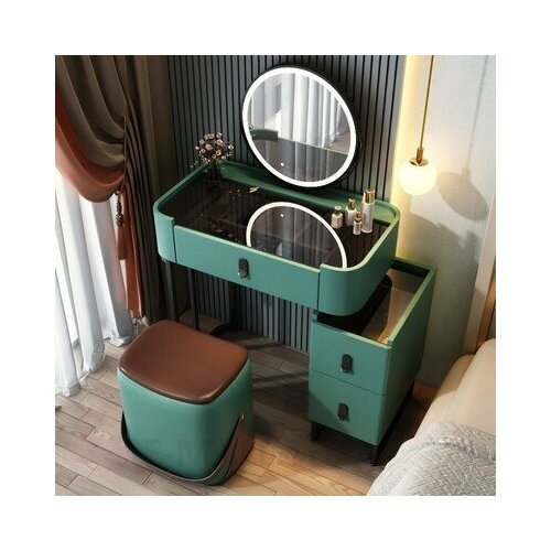 Туалетный столик 60 см с тумбой, зеркалом и пуфиком, со стеклянной столешницей (зеленый комплект)