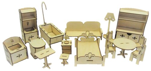 Деревянный набор мебели №3-2 в кукольный домик (17 предметов) для кукол 15-20 см