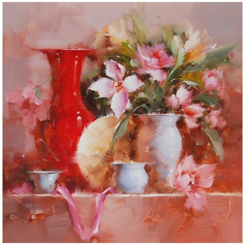 фото Картина маслом "цветы с красной вазой" 60х60см арт спб