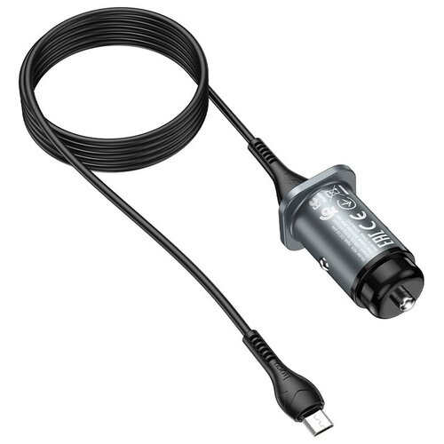 Автомобильное зарядное устройство HOCO NZ4 Wise, 2*USB + Кабель USB-MicroUSB, 2.4A, серый