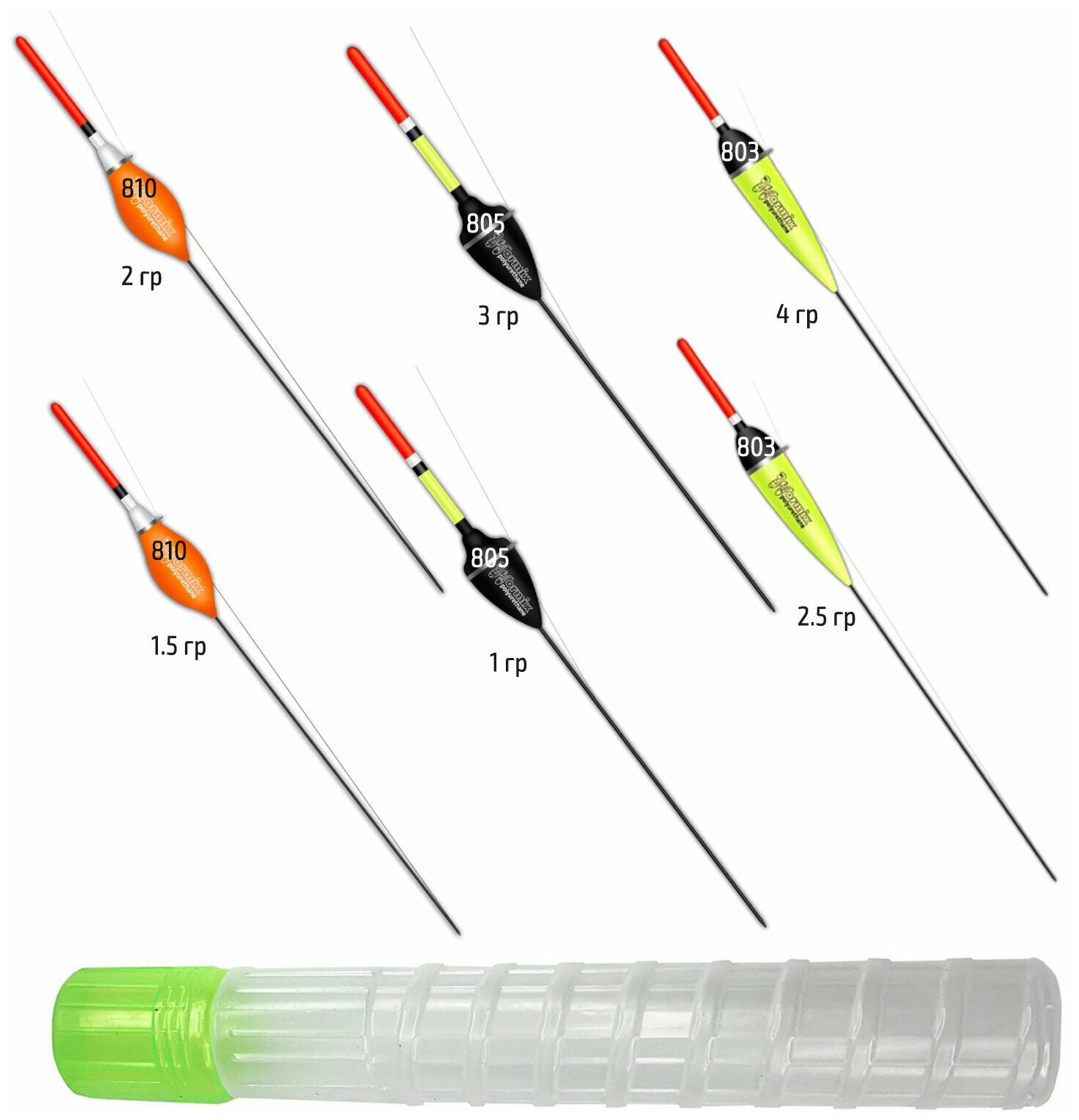 Набор поплавков Wormix средняя шестерка (810: 1.5гр и 2гр 805: 1гр и 3гр 803: 2.5гр и 4гр) + минитубус