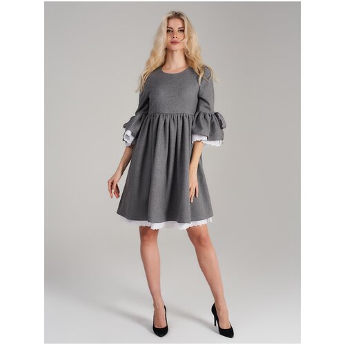 Платье Бетси-1 длиной до колена с завышенной талией и оборками на рукавах, серое, размер XS
