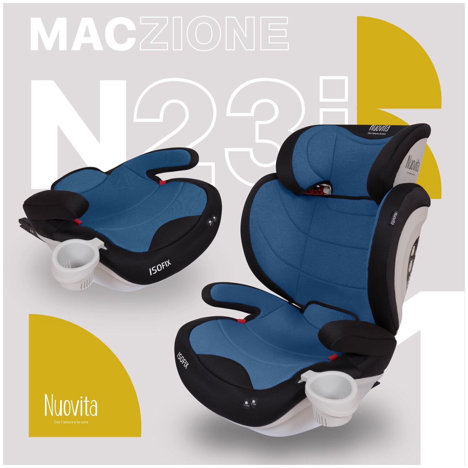 Автокресло детское с креплением Isofix Nuovita Maczione N23i-1, группа 2/3 от 3,5 до12 лет, весом от 15 до 36 кг/ трансформируется в бустер (Blu/Голубой)