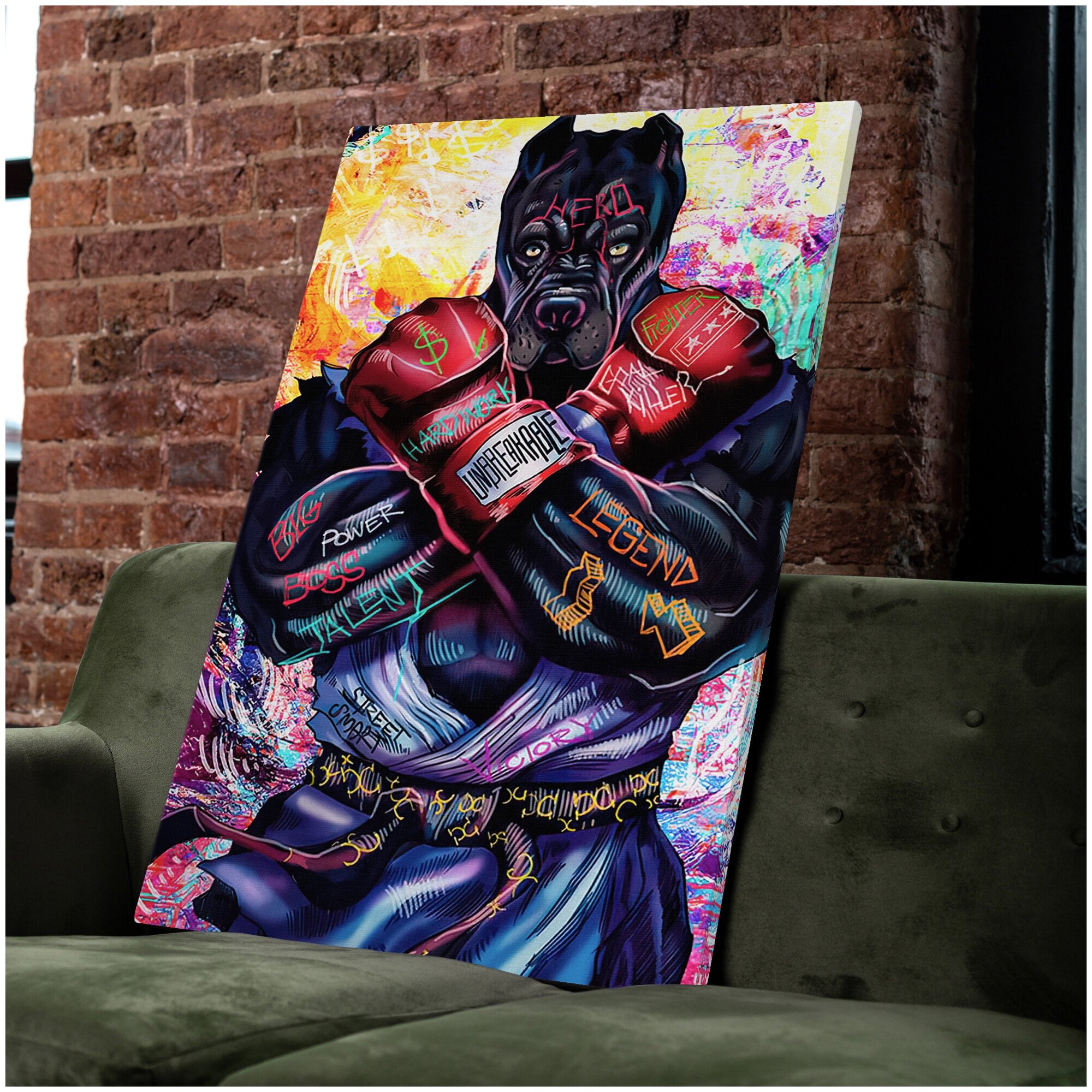 Мотивационная картина на холсте "Неуязвимый" для интерьера / Постер для дома и офиса / Бульдог в боксерских перчатках