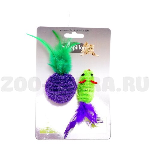 Игрушка Papillon Мышка и мячик с перьями Cat toy mouse 5 cm and ball 4 cm with feather для кошек двуцветные 5+4см papillon мышка и мячик с перьями 5 4см серебряно золотые сat toy mouse 5 cm and ball 4 cm with feather on card