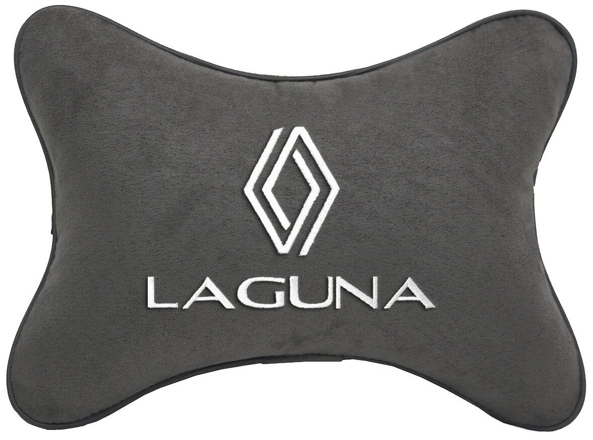 Автомобильная подушка на подголовник алькантара D.Grey с логотипом автомобиля RENAULT LAGUNA