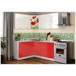 Кухонный гарнитур Миф Маки красные угловая 1.5 на 1.8 м белый глянец / красный металлик - изображение