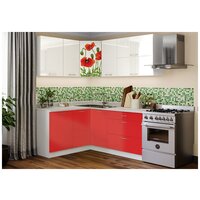 Кухонный гарнитур Миф Маки красные угловая 1.5 на 1.8 м белый глянец / красный металлик