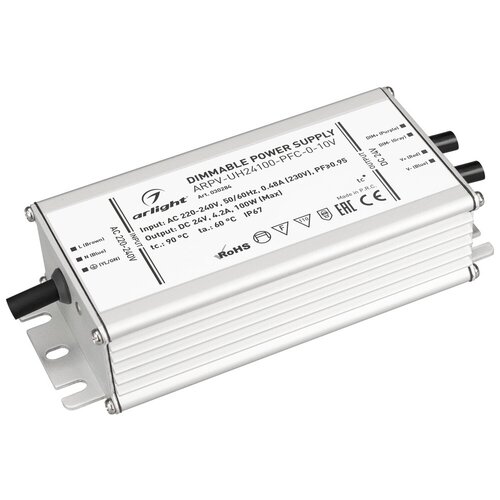 Блок питания ARPV-UH24100-PFC-0-10V (24V, 4.2A, 100W) (Arlight, IP67 Металл, 7 лет) блок питания arpv uh24100 pfc 0 10v 24v 4 2a 100w arlight ip67 металл 7 лет артикул 030284