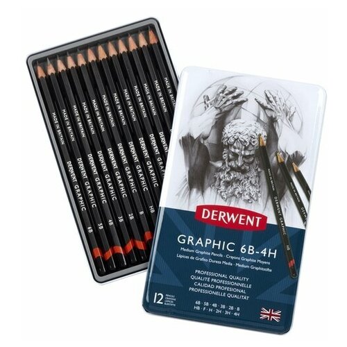 Набор чернографитных карандашей Derwent Graphic Medium, 12шт., 6B-4H, металлический пенал