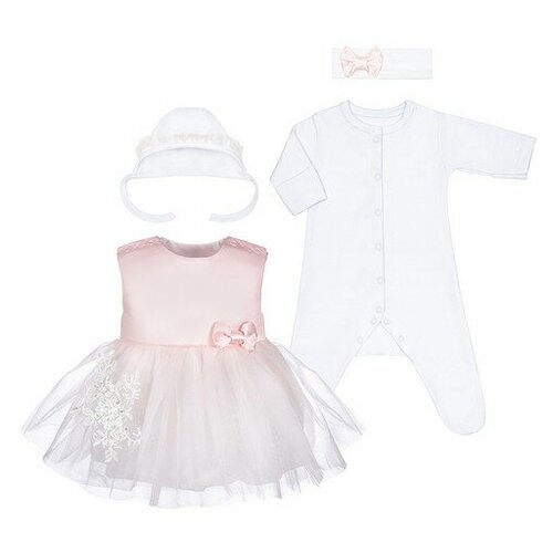 фото Комплект одежды patrino для девочек, комбинезон и платье и повязка и чепчик, нарядный стиль, размер 56, розовый