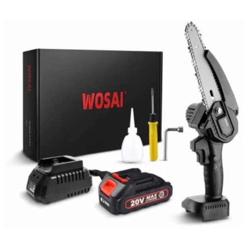 Электрическая цепная аккумуляторная мини пила WOSAI WS-DSJ20-C1 20V АКБ 2.0AH, 6