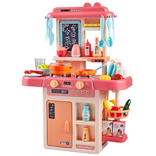 Купить Интерактивная детская кухня, многофункциональный игрушечный гарнитур с музыкальными и световыми эффектами, имитацией пара, набором посуды и продуктами, 42 предмета, розовый, URM-TECHNIC