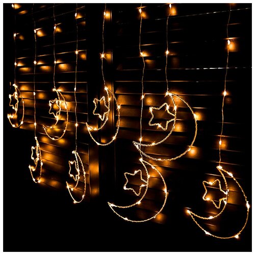 фото Новогодняя светодиодная интерьерная гирлянда штора нить роса 3х0,8 м фигуры с контроллером 220в, месяц с маленькой звездой теплый белый baziator