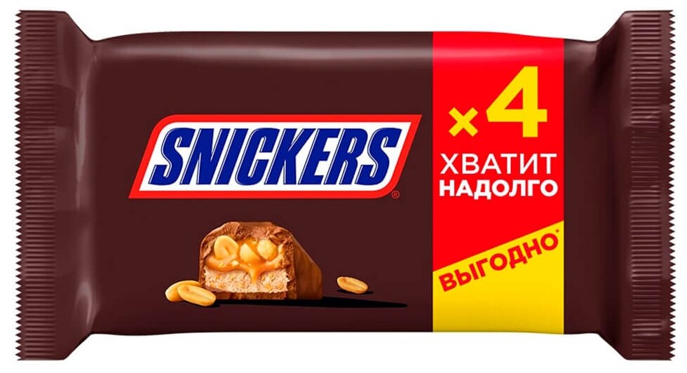 Snickers шоколадный батончик, пачка 4шт по 40г - фотография № 1