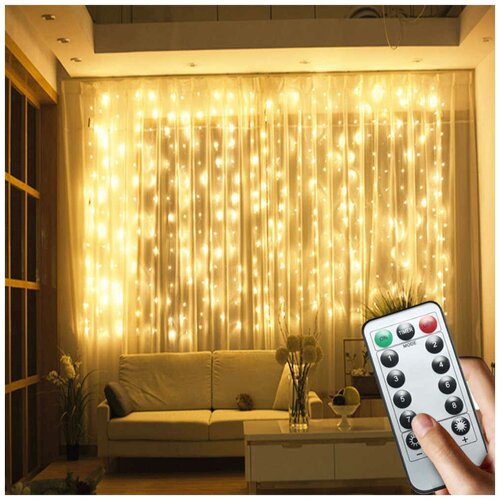 фото Новогодняя интерьерная светодиодная гирлянда штора-занавес с пультом, 3 х 2 теплый белый baziator