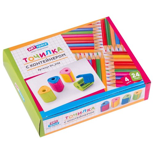 Точилка пластиковая ArtSpace, 1 отверстие, контейнер, ассорти, 24 шт.