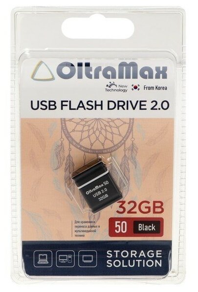 Флешка OltraMax 50, 32 Гб, USB2.0, чт до 15 Мб/с, зап до 8 Мб/с, чёрная 9441550