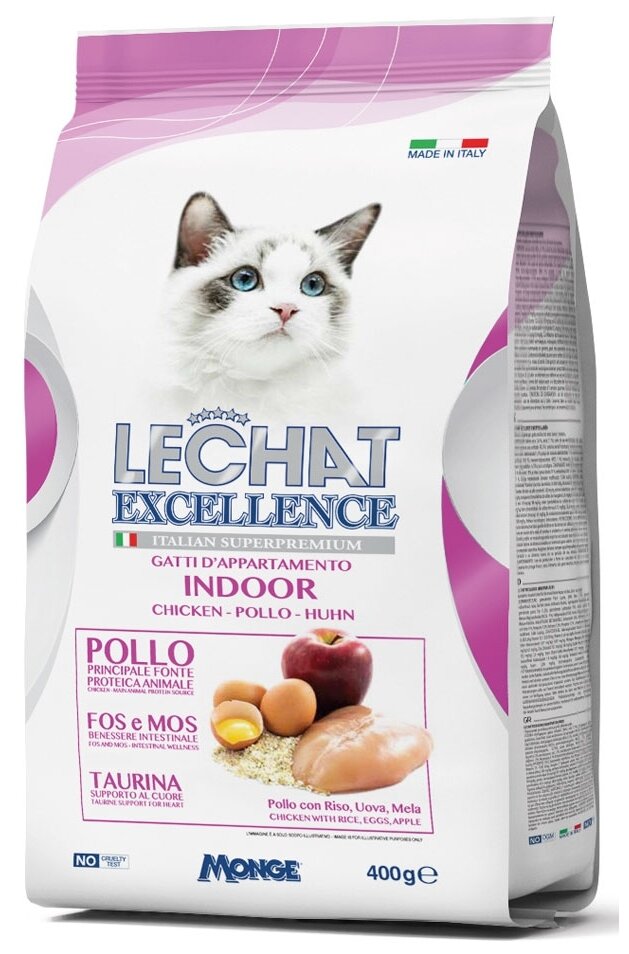 Корм для кошек LECHAT EXCELLENCE Indoor для живущих в помещении, курица, рис, яйца, яблоки сух. 400г