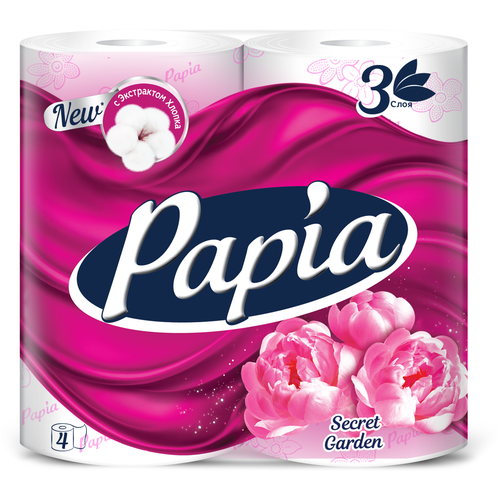 Купить PAPIA Туалетная бумага Таинственный Сад 3 слоя 4 рулона, белый, первичная целлюлоза, Туалетная бумага и полотенца