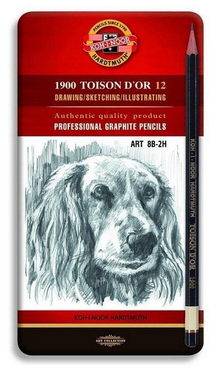 Набор карандашей ч/г Koh-I-Noor «Toison D'or», 12шт, 8B-2H, заточен, метал. пенал