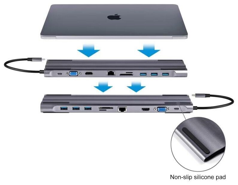 Хаб USB-концентратор 10 в 1 (PD+VGA+HDTV+ Ethernet+TF/SD+3xUSB3.0+Audio &Microphone) Multifunctional Type-C Gray