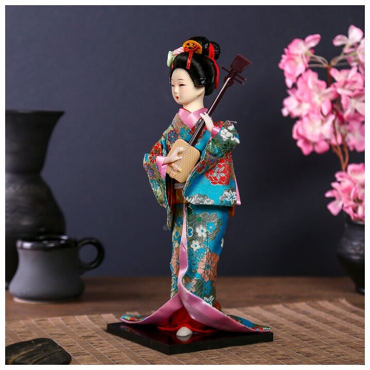 Кукла коллекционная "Гейша в цветочном кимоно с музыкальным инструментом" 30 см 1062514