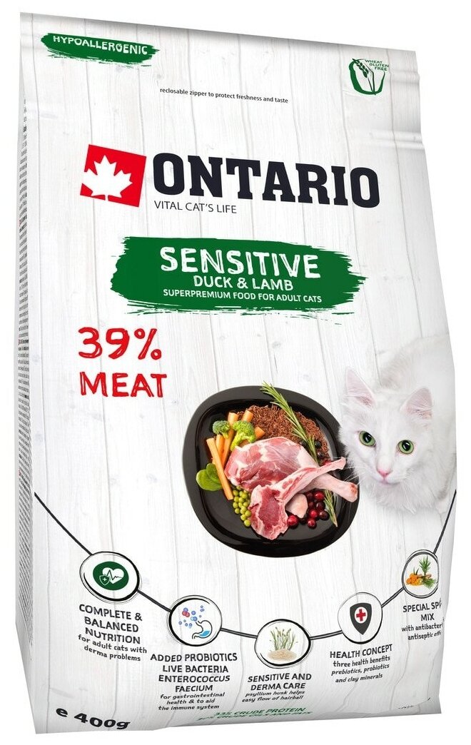 Корм Ontario Sensitive для кошек с чувствительным пищеварением, с уткой и ягненком, 400 г - фотография № 4